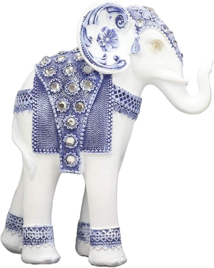 Ebros Feng Shui Ming Style Blue And White Ornate Design With Crystals Trunk Up Elephant Statue 8.75" High