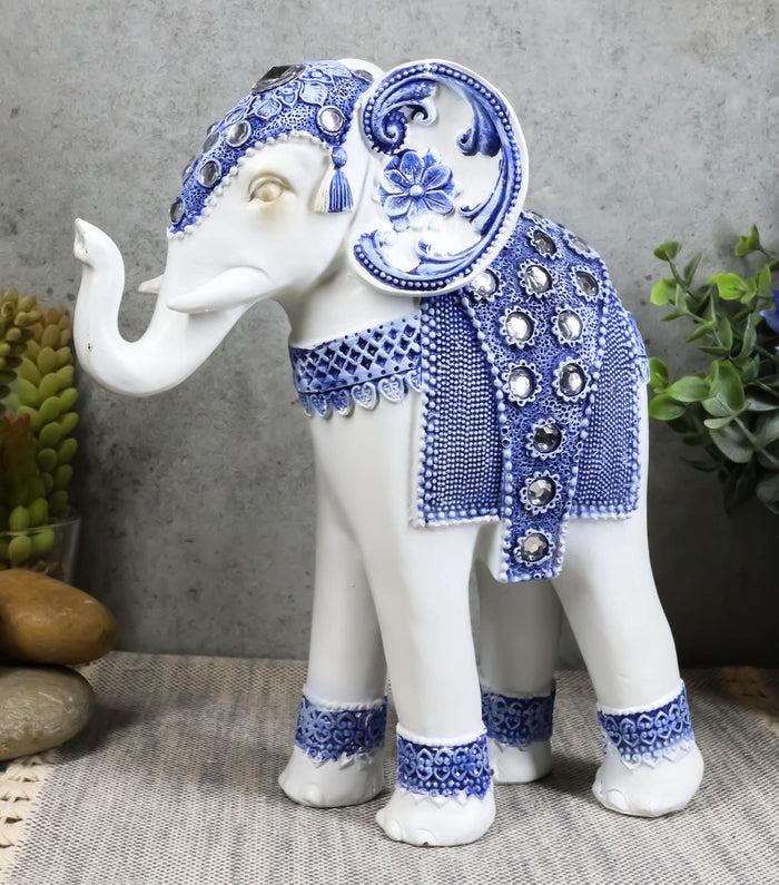 Ebros Feng Shui Ming Style Blue and White Ornate Design with Crystals Trunk Up Elephant Statue 8.75" High Ebros Feng Shui Ming Style Blue and White Ornate Design with Crystals Trunk Up Elephant Statue 8.75" High