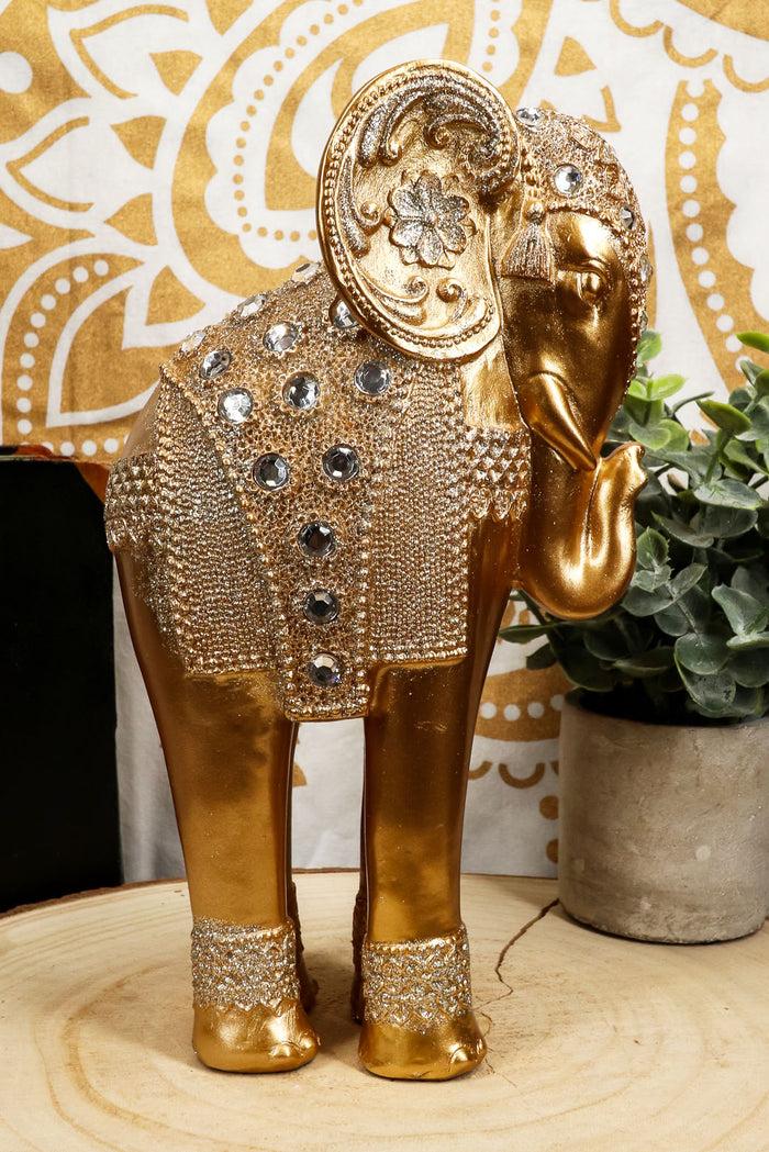 Ebros Feng Shui Royal Gold Ornate Design With Crystals And Glitters Resting Elephant Statue 9.25" High Vastu 3D Zen Elephants Figurine Symbol Of Wisdom Wealth Fortune Success And Protection