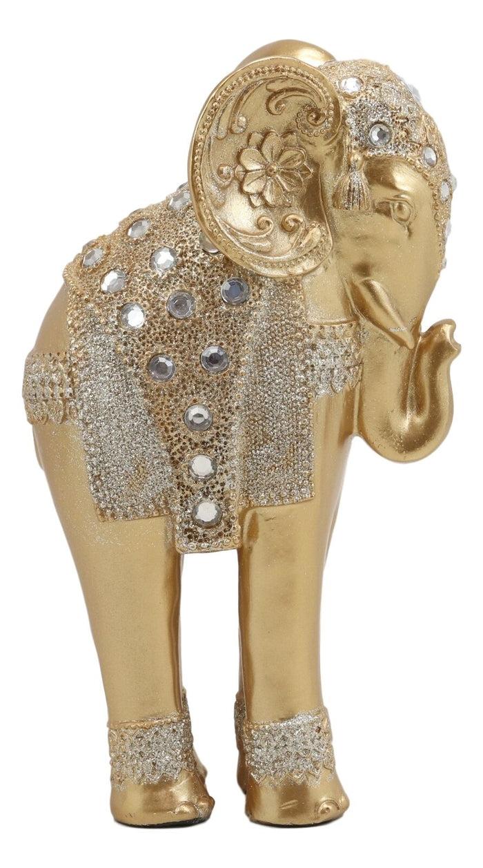 Ebros Feng Shui Royal Gold Ornate Design With Crystals And Glitters Resting Elephant Statue 9.25" High Vastu 3D Zen Elephants Figurine Symbol Of Wisdom Wealth Fortune Success And Protection