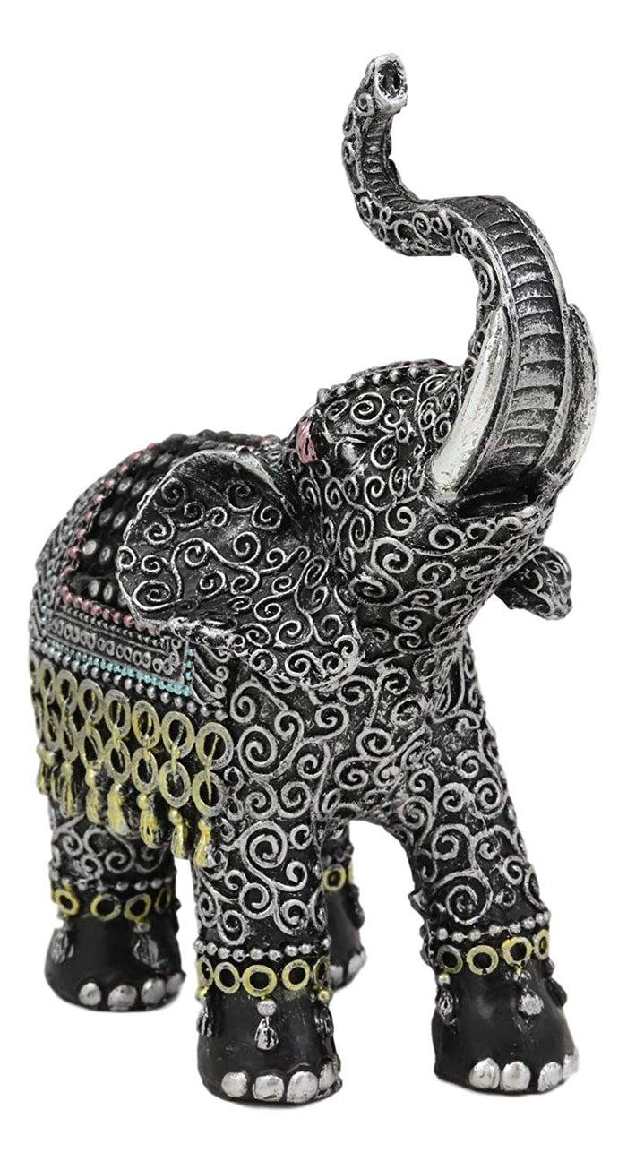 Ebros Feng Shui Scroll Art With Tapestry Pattern Trunk Up Trumpeting Elephant Statue