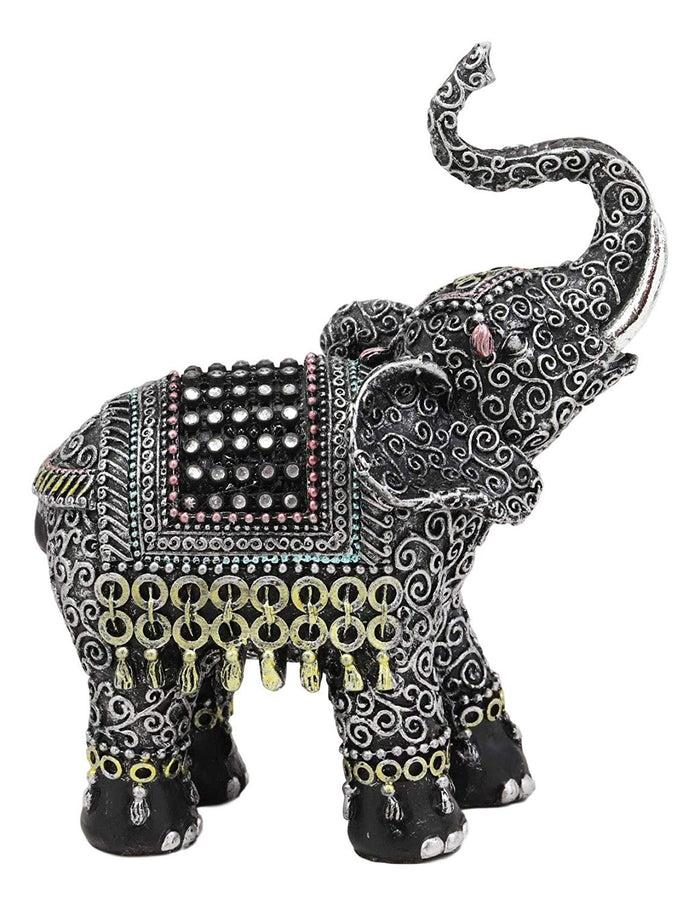 Ebros Feng Shui Scroll Art With Tapestry Pattern Trunk Up Trumpeting Elephant Statue