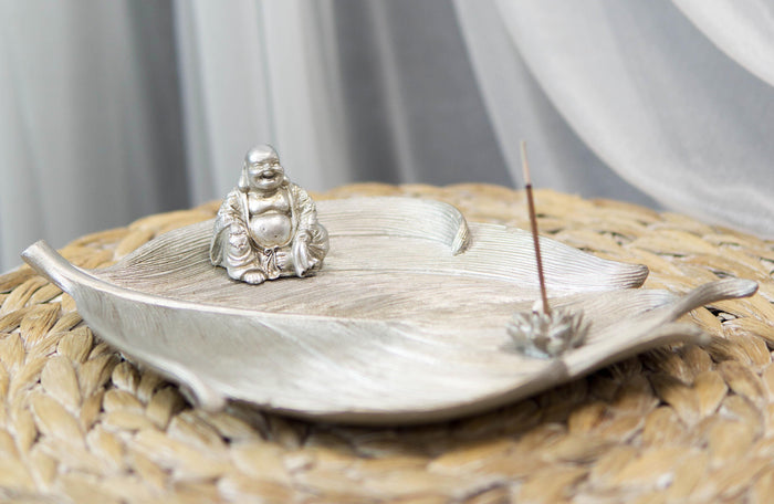 Ebros Fengshui Laughing Buddha Silver Finish Incense Holder 10.5"Long Ebros Fengshui Laughing Buddha Silver Finish Incense Holder 10.5"Long