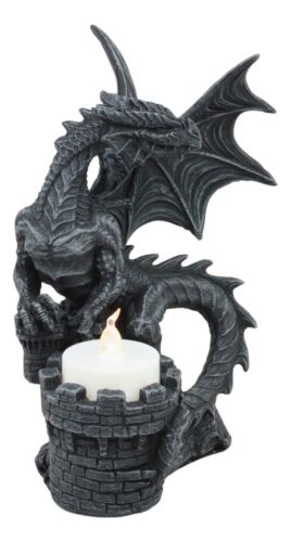 Ebros Fire Dragon Perching On Castle Fortress Turret Tea Light Candle Holder Statue 7"Tall Fantasy Faux Stone Gothic Dungeons And Dragons Candleholder Decor Medieval Renaissance Age Of Kings Sculpture