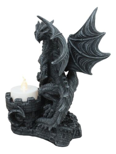 Ebros Fire Dragon Perching On Castle Fortress Turret Tea Light Candle Holder Statue 7"Tall Fantasy Faux Stone Gothic Dungeons And Dragons Candleholder Decor Medieval Renaissance Age Of Kings Sculpture