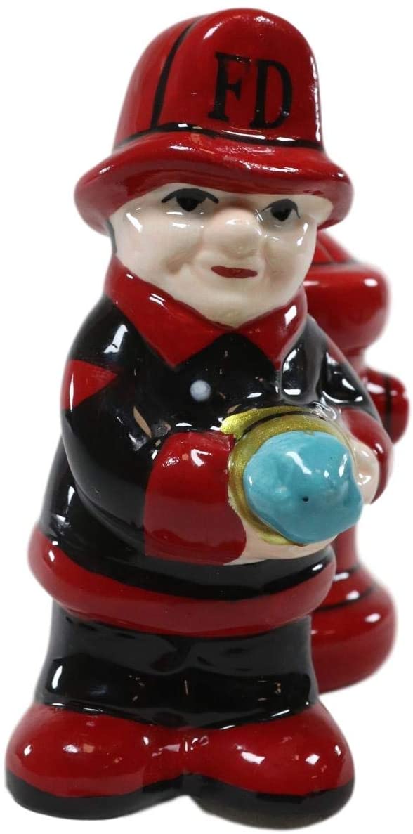 Ebros Fireman With Hose & Hydrant 4 Inch Ceramic Magnetic Salt And Pepper Shaker
