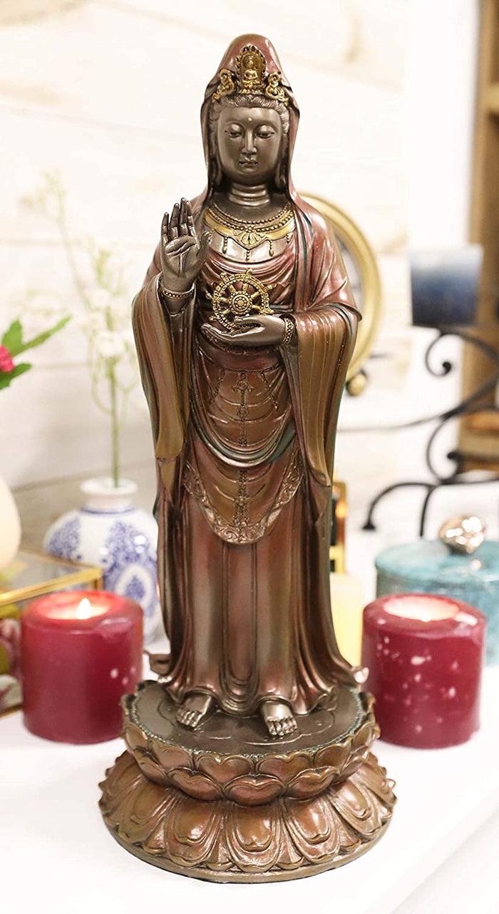 Ebros Foshan Nanhai Kuan Yin Standing On Lotus Bodhisattva Goddess Statue 15" H