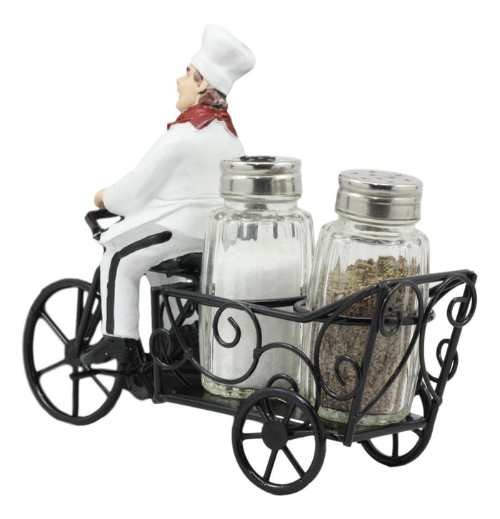 Ebros French Bistro Chef Riding On Bicycle Spice Cart Salt And Pepper Shakers Holder Figurine 6"Tall Iron Chef Spice Delivery