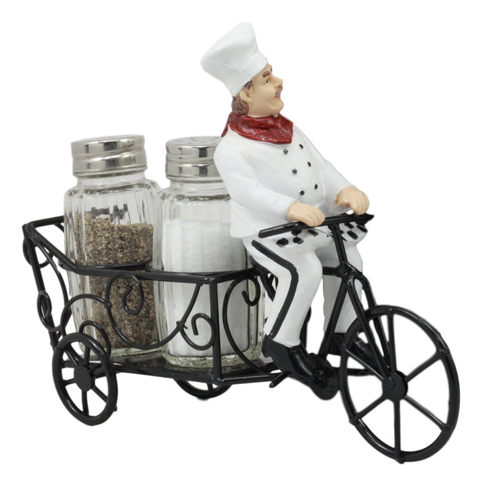 Ebros French Bistro Chef Riding On Bicycle Spice Cart Salt And Pepper Shakers Holder Figurine 6"Tall Iron Chef Spice Delivery