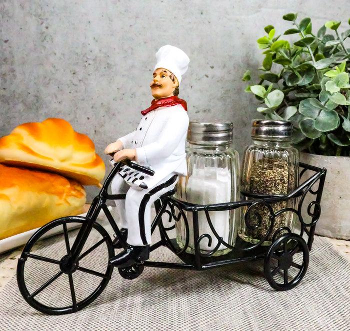Ebros French Bistro Chef Riding On Bicycle Spice Cart Salt And Pepper Shakers Holder Figurine 6"Tall Iron Chef Spice Delivery