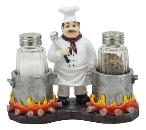 Ebros French Chef With Flaming Double Cauldron Pots Salt & Pepper Shakers Holder
