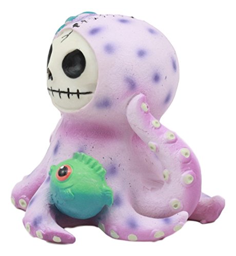 Ebros Furry Bones Octopee The Purple Octopus Skeleton Figurine 2.5" H Furrybones Kraken Squid Octopus With Green Blowfish Costume Hooded Skull Monster Collectible Sculpture Decorative Toy