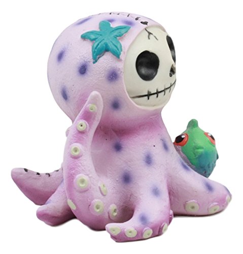 Ebros Furry Bones Octopee The Purple Octopus Skeleton Figurine 2.5" H Furrybones Kraken Squid Octopus With Green Blowfish Costume Hooded Skull Monster Collectible Sculpture Decorative Toy
