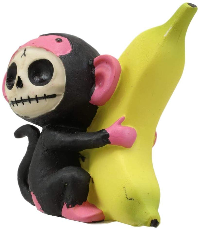 Ebros Furry Bones Pink Baby Monkey With Giant Yellow Banana Figurine 3" Tall