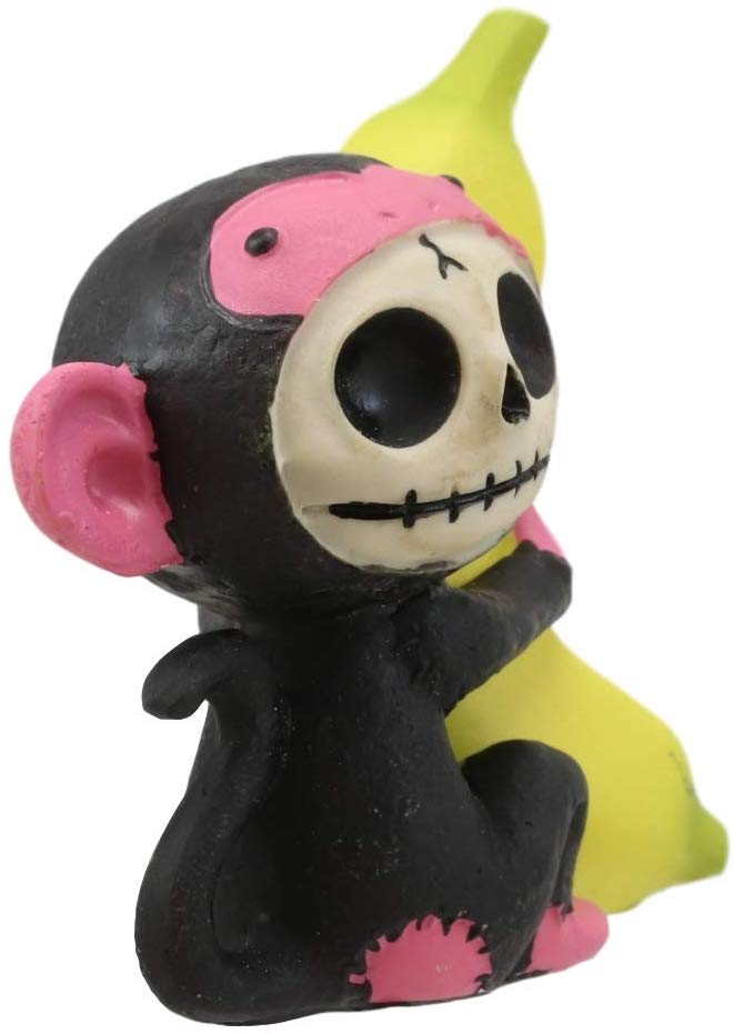 Ebros Furry Bones Pink Baby Monkey With Giant Yellow Banana Figurine 3" Tall