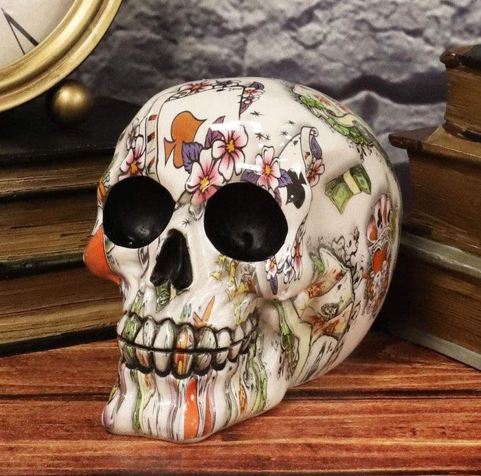 Ebros Gambler Playing Cards Poker Face Floral Tattoo Sugar Skull Statue 5.5"L