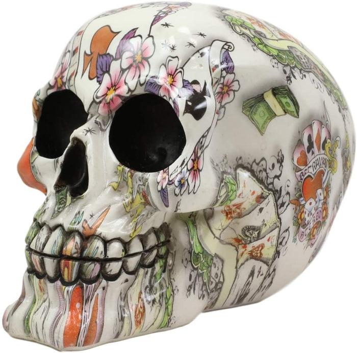 Ebros Gambler Playing Cards Poker Face Floral Tattoo Sugar Skull Statue 5.5"L