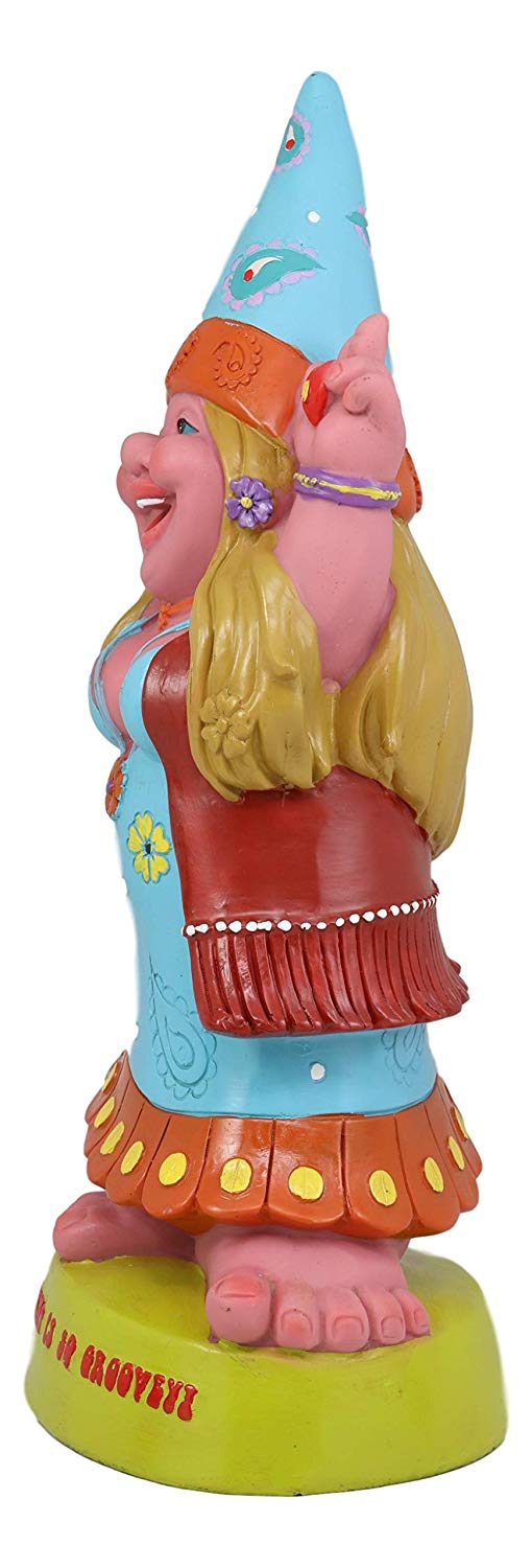 Ebros Garden Green Thumb Flower Child Hippie Lady Gnome Statue 'Gardening Is So Groovey' Figurine 13.5" H