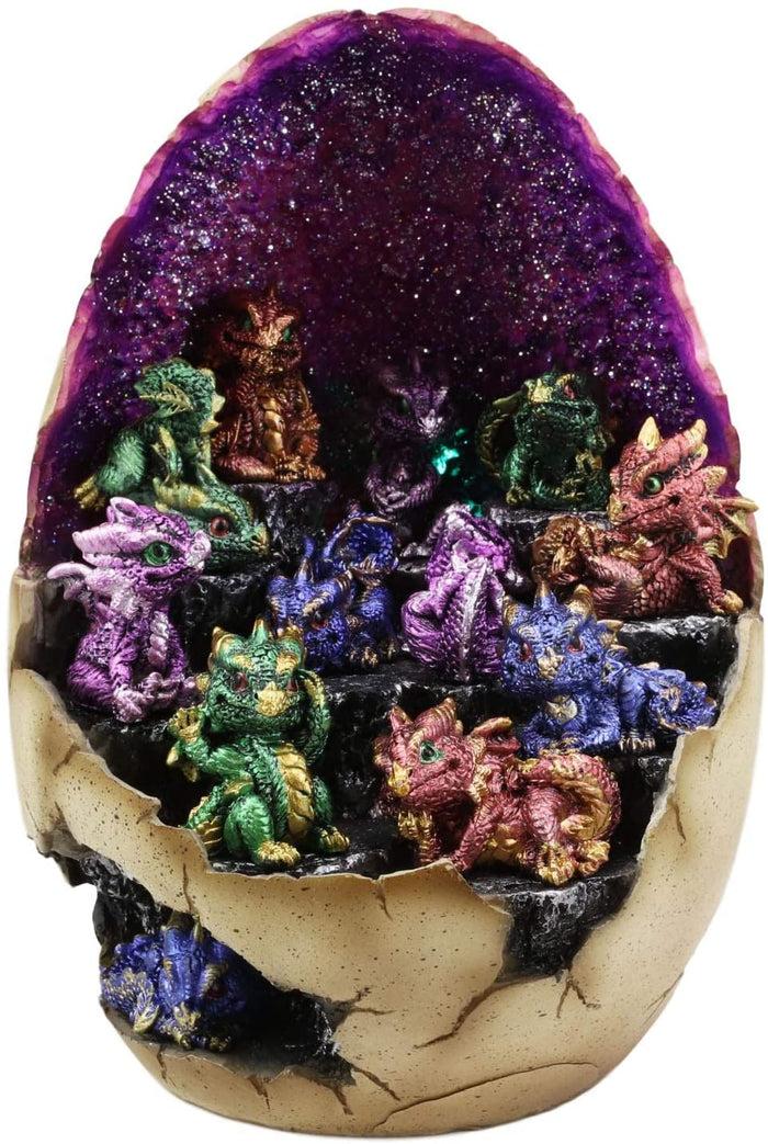 Ebros Geode Dragon Egg LED Light Display Stand With 12 Baby Dragons Figurine Set