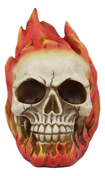 Ebros Ghost Rider Skull With Fire Flame Skeleton Figurine Halloween Decor 6"L