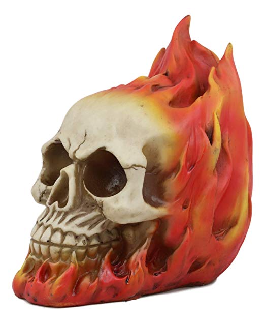 Ebros Ghost Rider Skull With Fire Flame Skeleton Figurine Halloween Decor 6"L