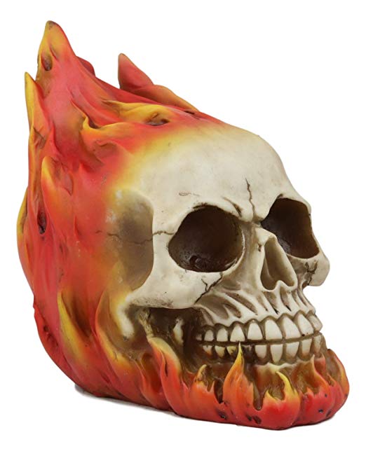 Ebros Ghost Rider Skull With Fire Flame Skeleton Figurine Halloween Decor 6"L