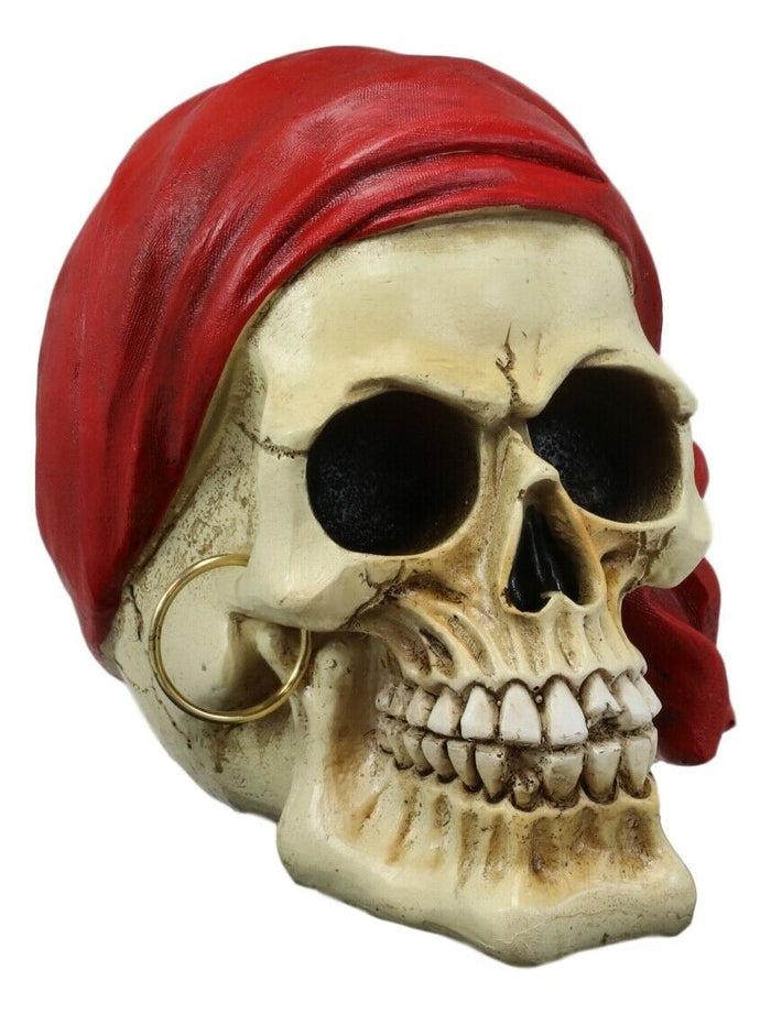 Ebros Ghost Ship Pirate Skull With Red Bandana And Earring Statue 6" Long