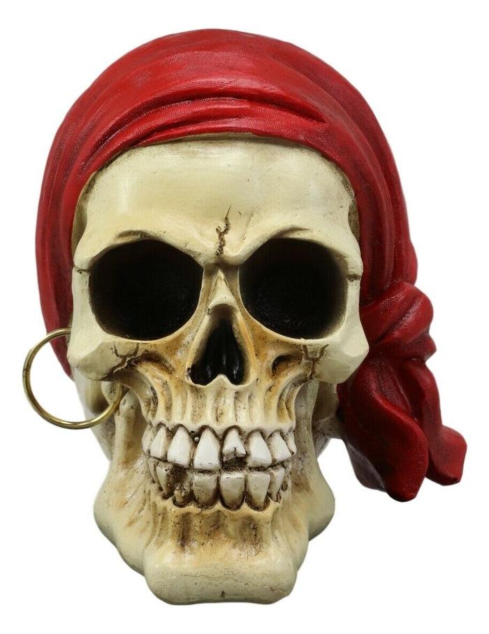 Ebros Ghost Ship Pirate Skull With Red Bandana And Earring Statue 6" Long