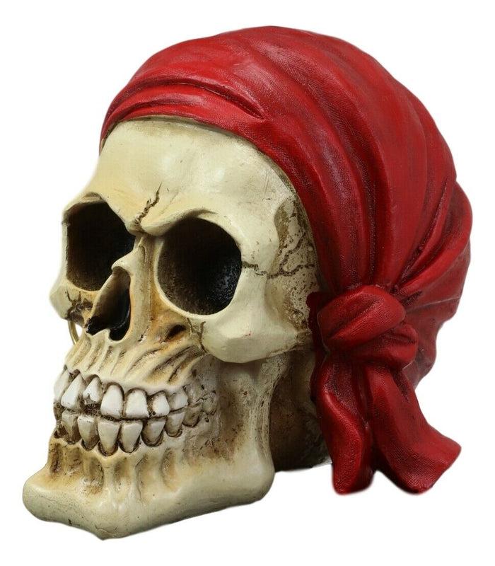 Ebros Ghost Ship Pirate Skull With Red Bandana And Earring Statue 6" Long