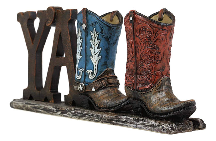 Ebros Gift 10.25"Long Rustic Western Southwestern Y'all Sign In Tooled Faux Leather Cowboy Boots Resin Desktop Plaque Decorative Figurine Table Shelf