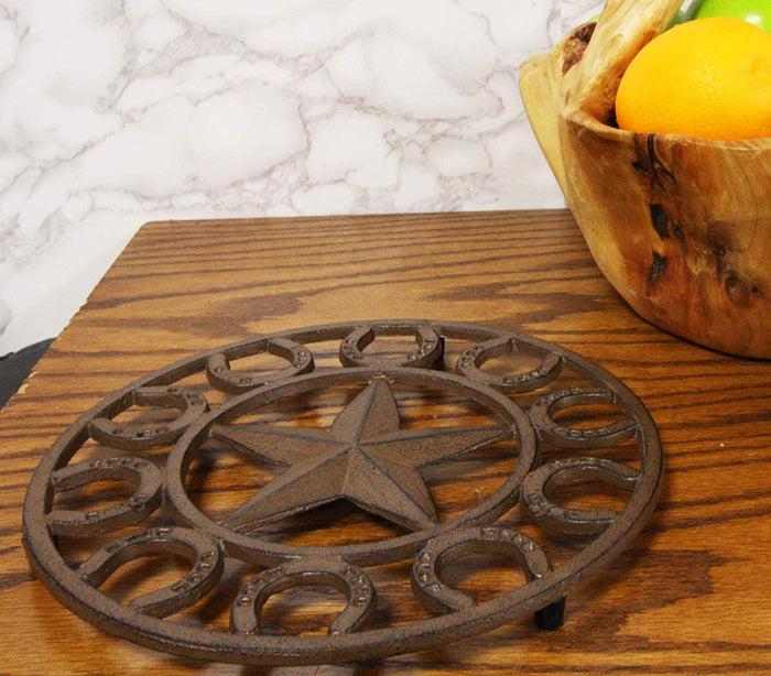 Ebros Gift 10" Diameter Western Lone Star With Horseshoes Border Cast Iron Metal Round Trivet