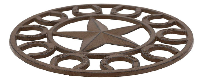 Ebros Gift 10" Diameter Western Lone Star With Horseshoes Border Cast Iron Metal Round Trivet