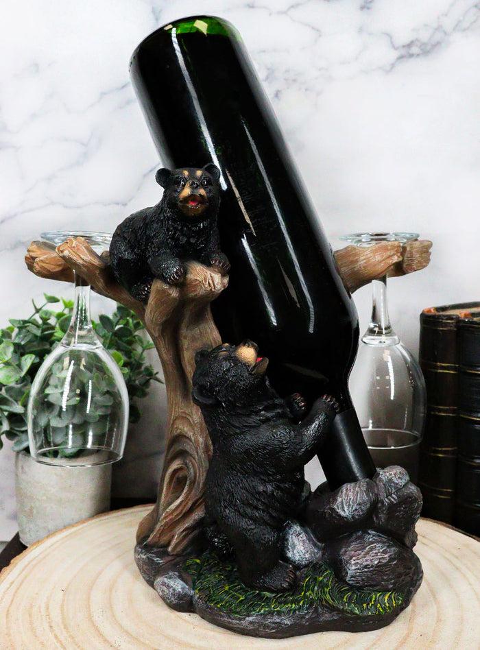 Ebros Gift 10" Tall Climbing Black Bear Liquor Wine Glasses And Bottle Valet Holder Decorative Figurine