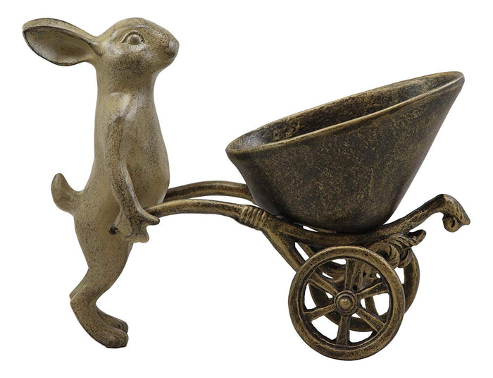 Ebros Gift 12" Long Aluminum Rustic Whimsical Bunny Rabbit Pushing Wheelbarrow Cart Flowers Or Plants Planter Garden Statue Or As Wine Bottle Holder Valet Decorative Rabbits Accent Decor