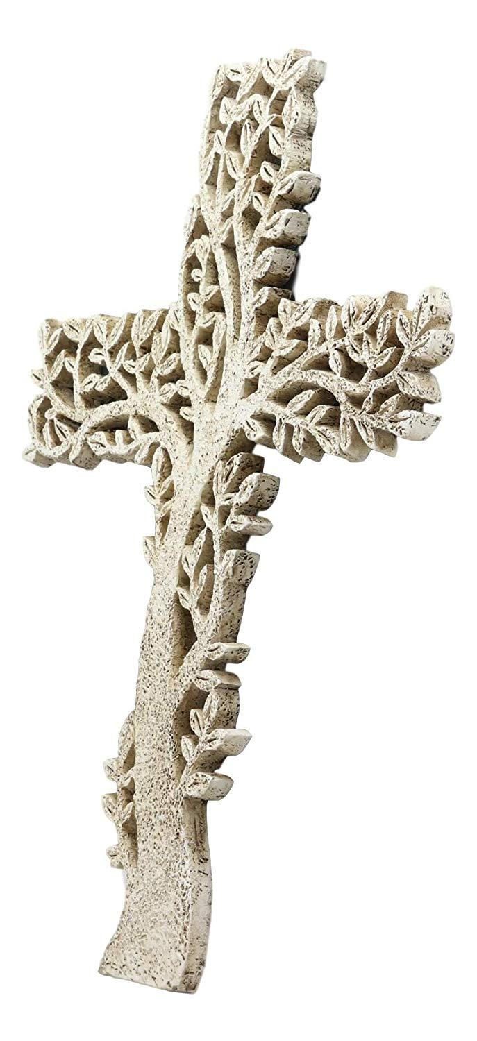 Ebros Gift 12" Tall Faux Stone Rustic Western Tree Of Life Filigree Lace Design Wall Cross Decor Hanging Resin Sculpture Catholic Christian Country Cabin Lodge Accent Decorative Crosses