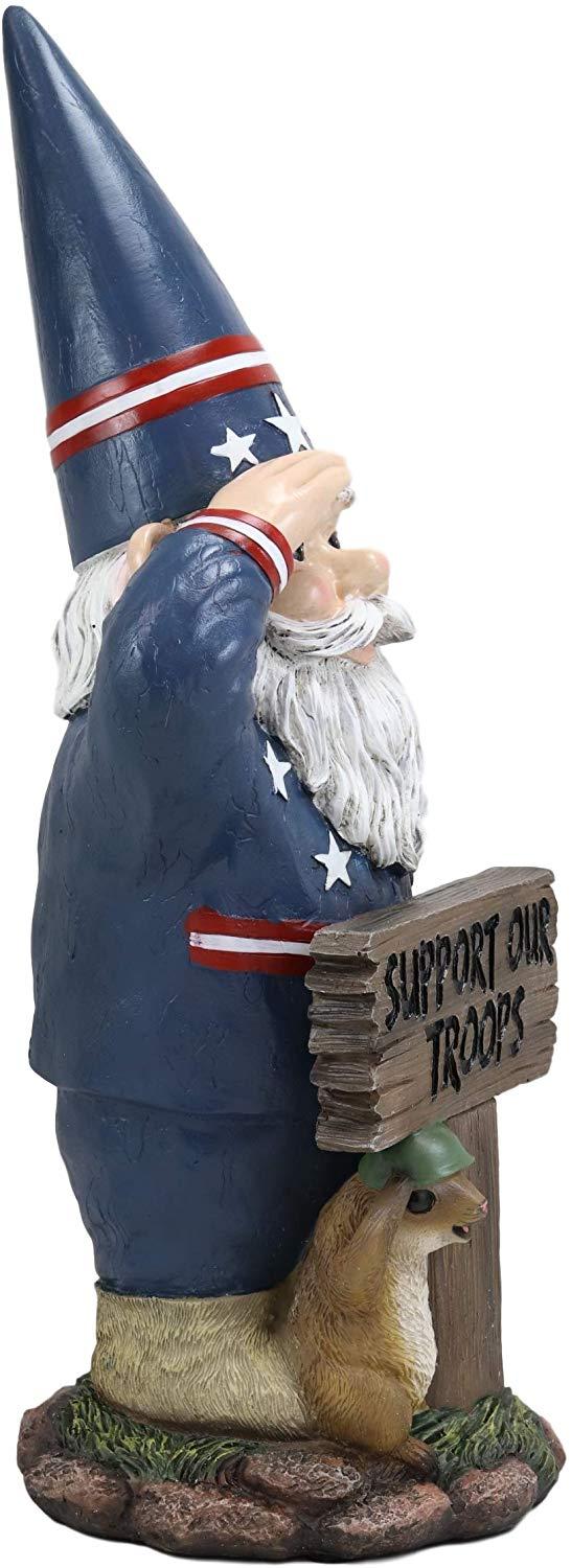 Ebros Gift 17" Tall Americana USA Patriotic Gnome With Pet Squirrel In Military Salute Statue With Support Our Troops Sign American Flag Uniform Druid Dwarf Home Garden Patio Lawn Figurine