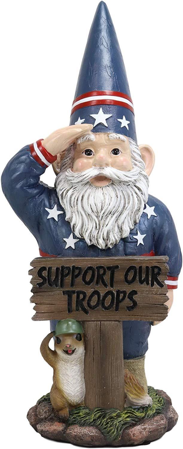 Ebros Gift 17" Tall Americana USA Patriotic Gnome With Pet Squirrel In Military Salute Statue With Support Our Troops Sign American Flag Uniform Druid Dwarf Home Garden Patio Lawn Figurine