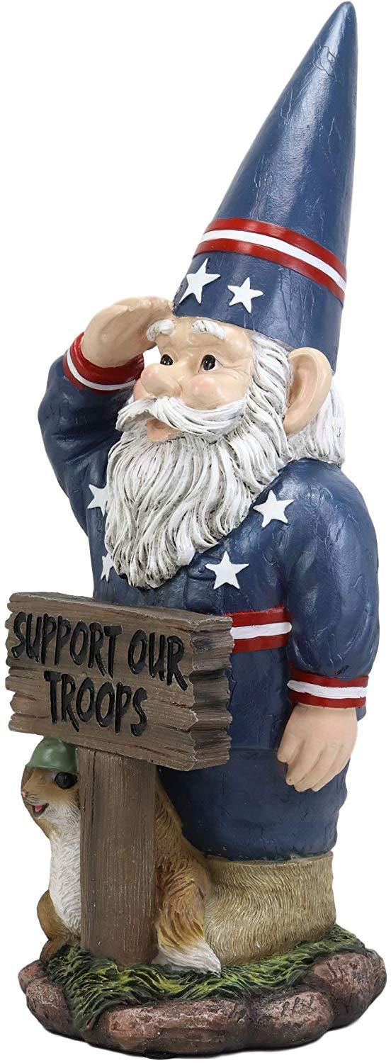 Ebros Gift 17" Tall Americana USA Patriotic Gnome With Pet Squirrel In Military Salute Statue With Support Our Troops Sign American Flag Uniform Druid Dwarf Home Garden Patio Lawn Figurine