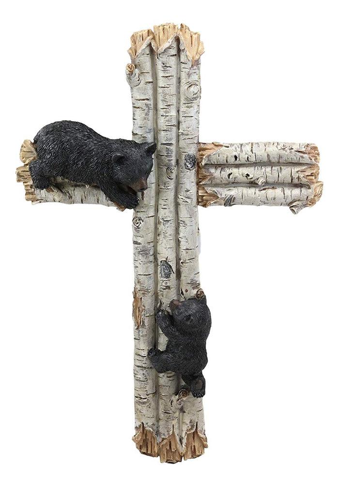 Ebros Gift 17" Tall Large Rustic Western 2 Playful Climbing Black Bears On Birch Tree Wall Cross Decor Hanging Sculpture Catholic Christian Country Bear Cubs Cabin Lodge Accent Decorative Crosses