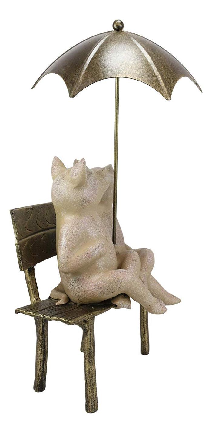 Ebros Gift 19" Tall Aluminum Metal Romance In The Rain Pig Couple Sitting On Park Bench With Umbrella Garden Statue Pigs Patio Pool Pond Lawn Yard Country Farm Decorative Rustic Sculpture Accent