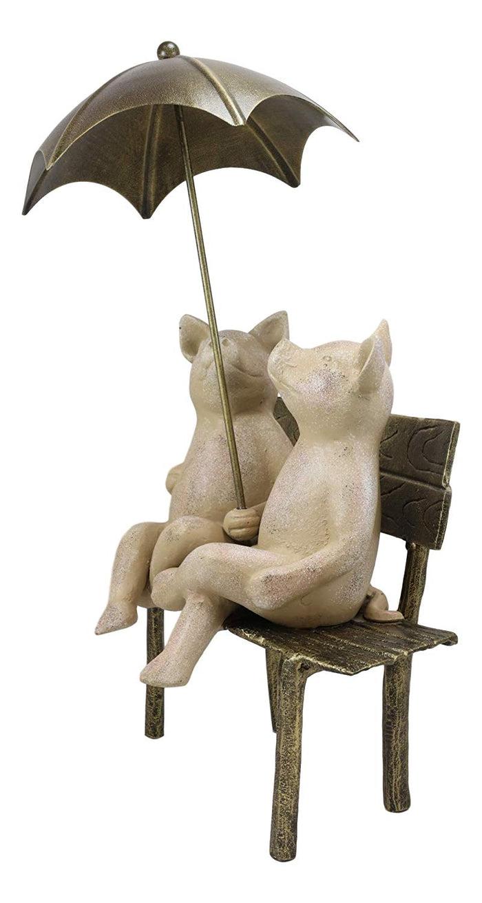 Ebros Gift 19" Tall Aluminum Metal Romance In The Rain Pig Couple Sitting On Park Bench With Umbrella Garden Statue Pigs Patio Pool Pond Lawn Yard Country Farm Decorative Rustic Sculpture Accent