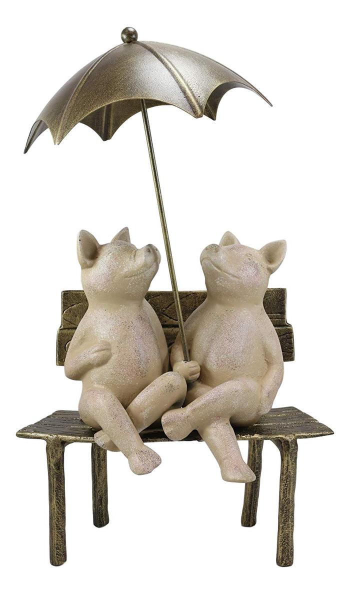 Ebros Gift 19" Tall Aluminum Metal Romance In The Rain Pig Couple Sitting On Park Bench With Umbrella Garden Statue Pigs Patio Pool Pond Lawn Yard Country Farm Decorative Rustic Sculpture Accent