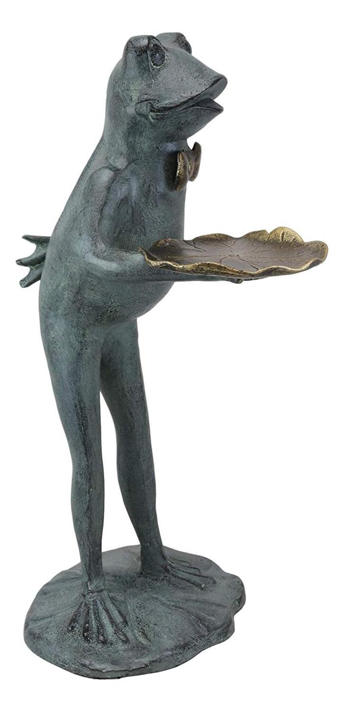 Ebros Gift 20" Tall Aluminum Rustic Whimsical Green Frog With Bow Tie Waiter Butler Garden Side Tray Table Or Bird Feeder Statue Decorative Frogs And Toads Zen Feng Shui Accent Decor