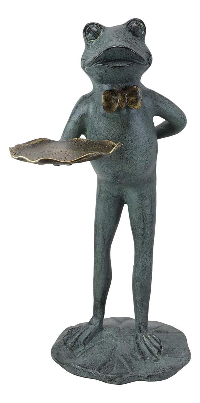 Ebros Gift 20" Tall Aluminum Rustic Whimsical Green Frog With Bow Tie Waiter Butler Garden Side Tray Table Or Bird Feeder Statue Decorative Frogs And Toads Zen Feng Shui Accent Decor