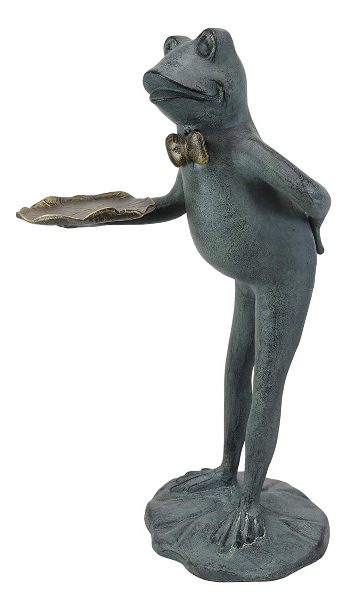 Ebros Gift 20" Tall Aluminum Rustic Whimsical Green Frog With Bow Tie Waiter Butler Garden Side Tray Table Or Bird Feeder Statue Decorative Frogs And Toads Zen Feng Shui Accent Decor
