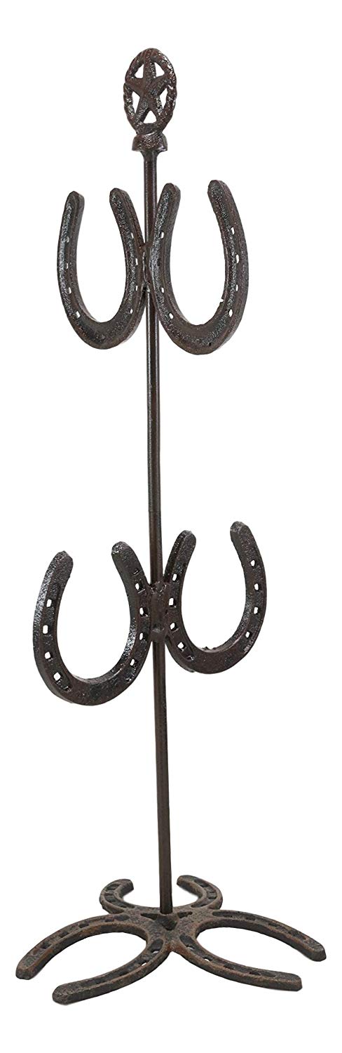 Ebros Gift 21.25" High Rustic Cast Iron Horseshoe With Western Star Mug Tree Holder Organizer Rack Stand With 4 Hooks Metal Sculpture Mugs Storage Decorative Horse Accent Farm Cabin Lodge Ranch Decor