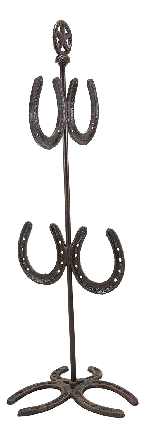 Ebros Gift 21.25" High Rustic Cast Iron Horseshoe With Western Star Mug Tree Holder Organizer Rack Stand With 4 Hooks Metal Sculpture Mugs Storage Decorative Horse Accent Farm Cabin Lodge Ranch Decor