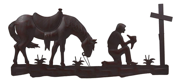Ebros Gift 21" Wide Wild West Kneeling Cowboy With Horse In Solemn Prayer By The Cross Metal Aluminum Wall 3D Art Sign Plaque Inspirational Vintage Western Country Decor Sculpture