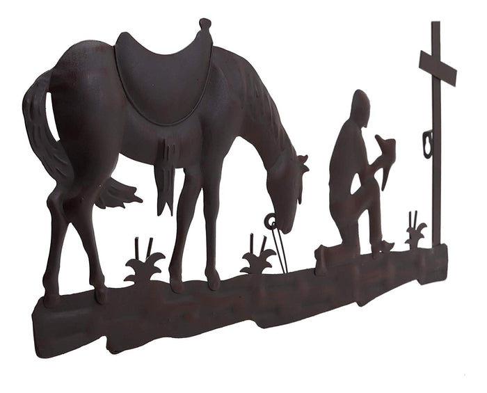 Ebros Gift 21" Wide Wild West Kneeling Cowboy With Horse In Solemn Prayer By The Cross Metal Aluminum Wall 3D Art Sign Plaque Inspirational Vintage Western Country Decor Sculpture