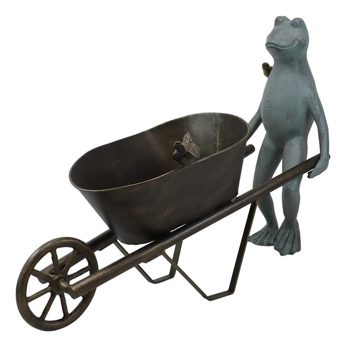 Ebros Gift 24" Wide Aluminum Rustic Whimsical Gardening Green Frog With Birds Pushing Wheelbarrow Cart Flowers Or Plants Planter Garden Statue Decorative Frogs And Toads Accent Decor